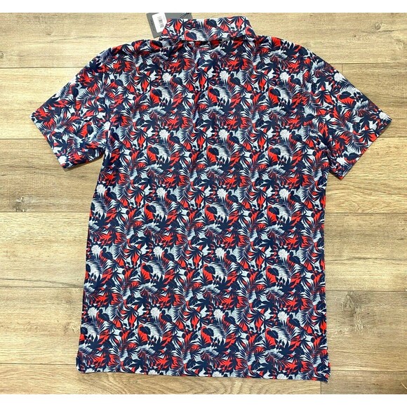 G/Fore Short Sleeve Golf Polo Mens M Stretch Blue/Red/Multi Tropical Print Shirt - Picture 6 of 9